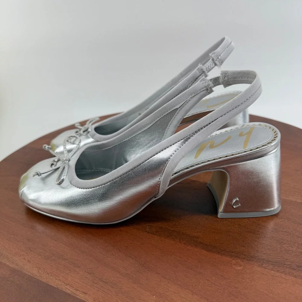 Circus NY Diane Soft Silver Slingback Block Heel Square Toe Bow Pumps Women 8.5M